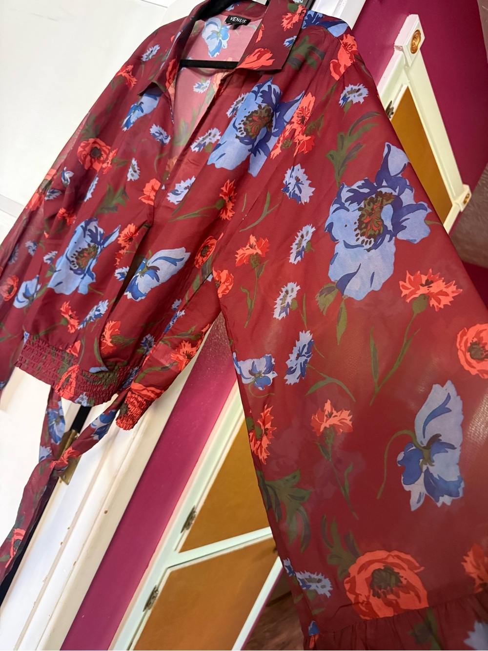 VENUS Maroon Floral Sheer Blouse with Blue and Green Accents - Picture 6 of 7